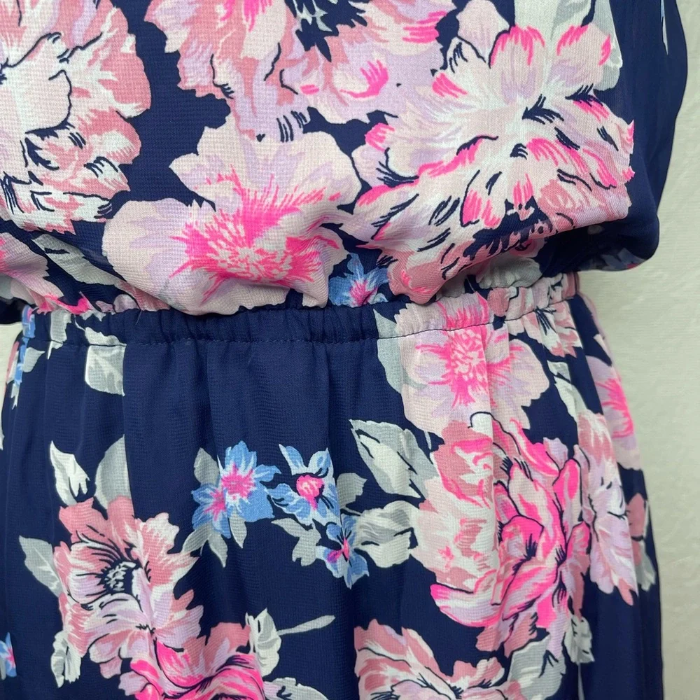 Navy Pink Floral Chiffon Maxi Dress Romantic Cottagecore Spring Wedding Guest Md - Picture 6 of 14